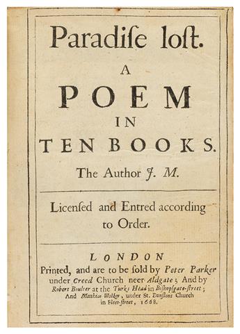 MILTON, JOHN.  Paradise Lost.  1668.  Title apparently supplied from another copy.